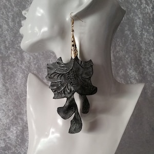 Leather earrings, black, unique, asymmetrical leaf ornaments 3, approx. 14 cm, design jewelry, gothic, earrings, earrings, boho, gifts