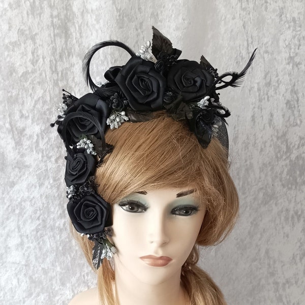 Schwarzer Blütentraum 2, Gothic, Braut Haarschmuck, Blumen Haarreif, Mode Trend, Statement