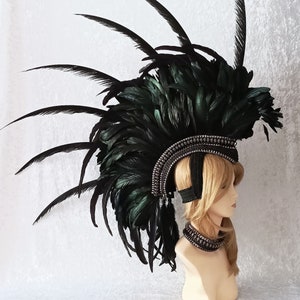Black Feather Mohawk with choker, rivets and skull trim, Gothic Feather Mohawk, Designer Hat, Halloween,