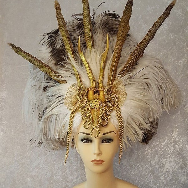 Gothic Feather Headdress/Headpiece/Gold/Ostrich Feathers/Fantasy Dream/Fairytale/Karneval in Venedig/Golden Horns/Hörner/Feder Kopfschmuck