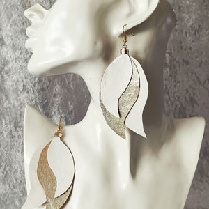6. Leather earrings, 3-fold, golden leather, white leather, approx. 9 cm, earrings, earrings