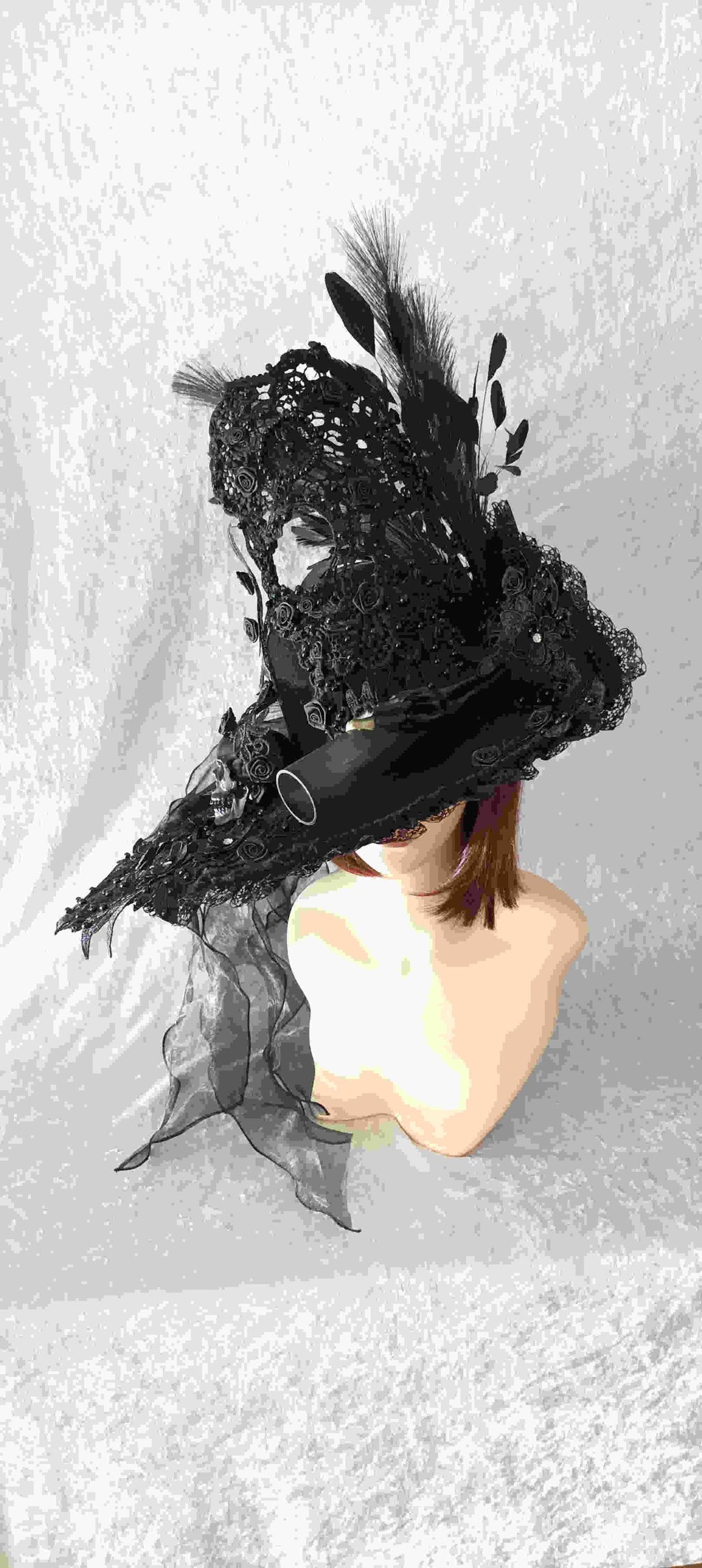 Gothic Black Beaded Bonnet Hat