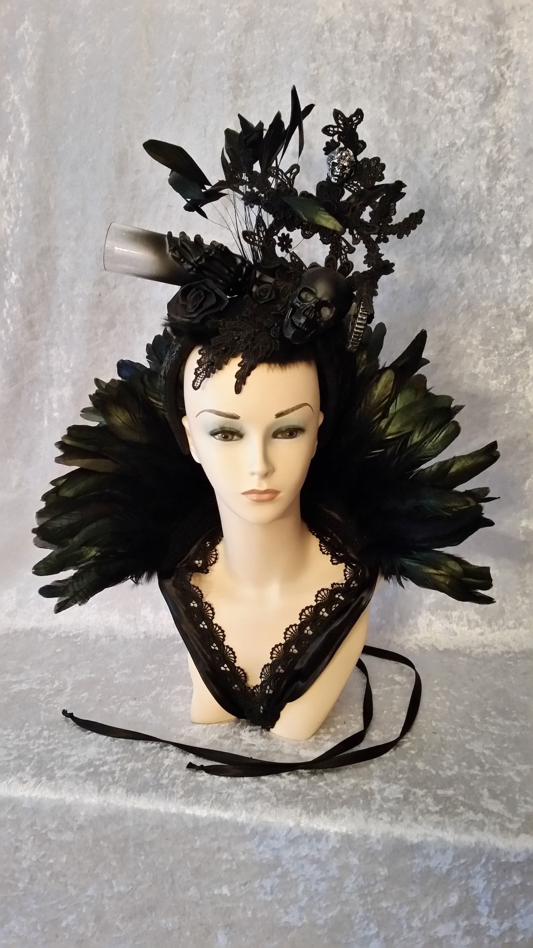 Schwarzes Feder-Set – Kragen & Manschetten, Gothic Style, Für Halloween, Cosplay & Bühne