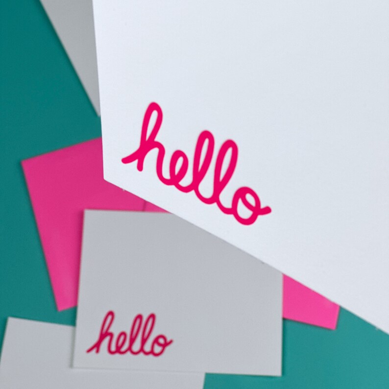 Pink Hello Letterpress Stationery Set of 10 Flat Cards and Envelopes Handmade Note Cards image 6