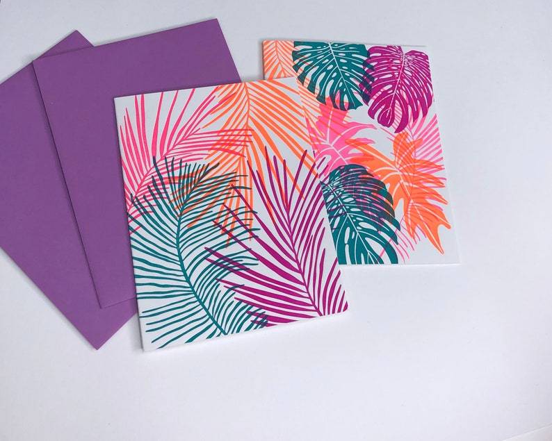 Neon Tropical Leaf Greeting Card Set Exotic Plant Letterpress Card Set image 5