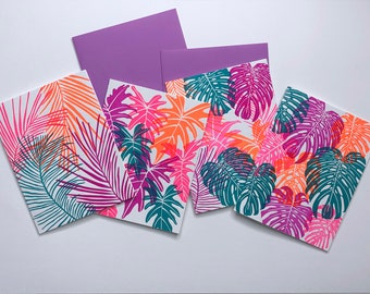 Plant Lover Gift | Neon Botanical Art Card Set | Tropical Plant Letterpress Stationery