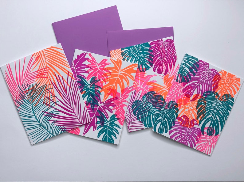 Neon Tropical Leaf Greeting Card Set Exotic Plant Letterpress Card Set image 1