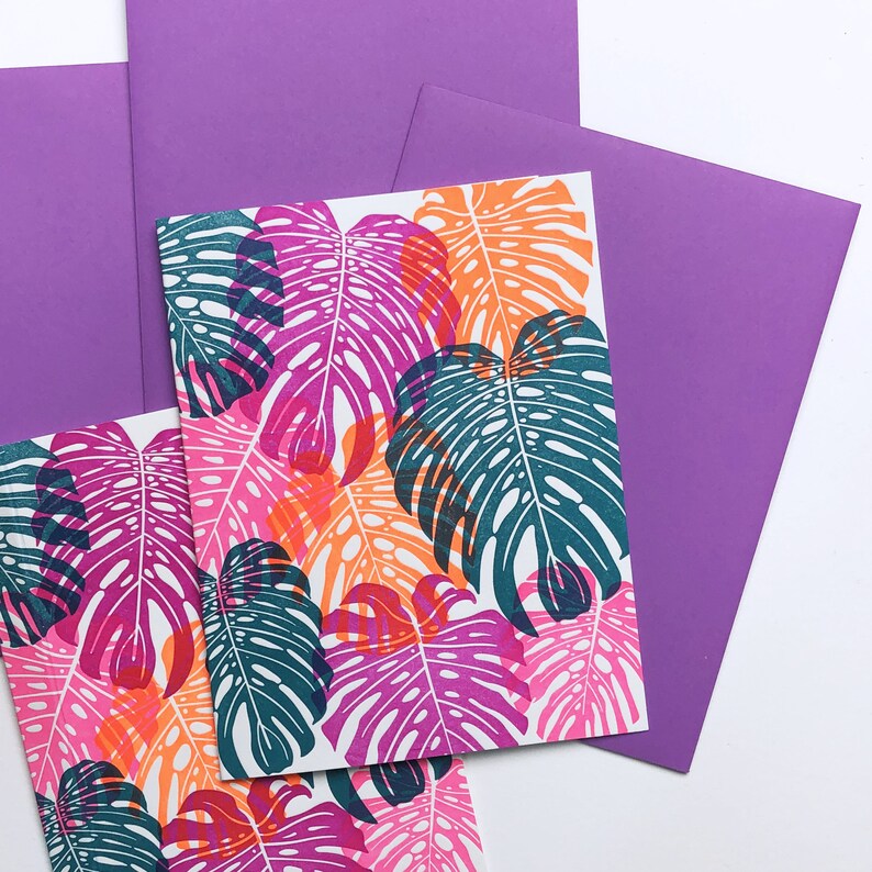 Neon Tropical Leaf Greeting Card Set Exotic Plant Letterpress Card Set image 9