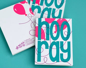 Pink Balloons Greeting Card | Hooray Congratulations Card | Letterpress Birthday Invitation