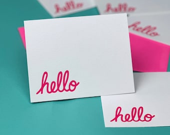 Pink Hello Letterpress Stationery  | Set of 10 Flat Cards and Envelopes | Handmade Note Cards