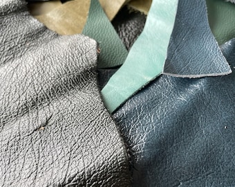 Earthy Tone Leather Offcuts: Blue, Green & Brown Genuine Leather Scraps