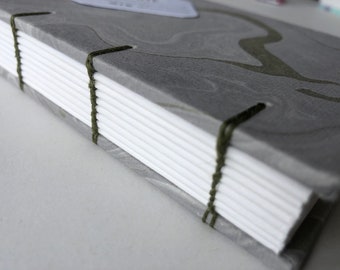 A6 Hand Sewn Sketchbook, Grey Marbled Paper Cover, Coptic Binding