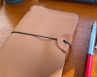 Handmade A6 Tan Leather book – Refillable Travel journal. Adventure notebook