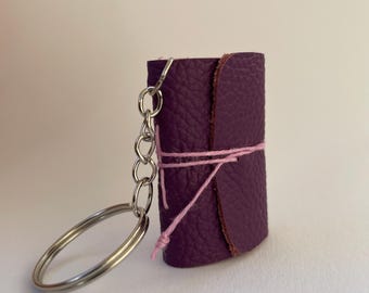 Mini Purple Leather Book Keychain: Handmade Recycled Leather Keepsake