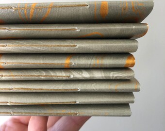 Hand Sewn Slim Notebook, Grey and Gold Marbled Paper, Pocket Jotter