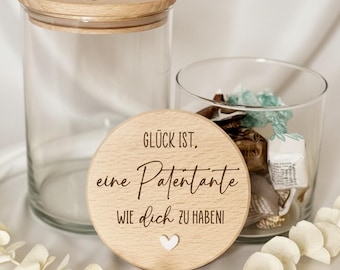 Cadeau pour marraine ou parrain – Bocal de rangement gravé – Merci aux parrains et marraines – Bocal en verre avec couvercle en bois, cadeau pour la marraine