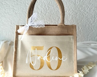 Runder Geburtstag Jute Tasche mit Namen – Tasche mit Name & Zahl, Geschenk Frau Geburtstag, Jubiläum Geschenk, 30, 40, 50, 60, 70, 80, 90,