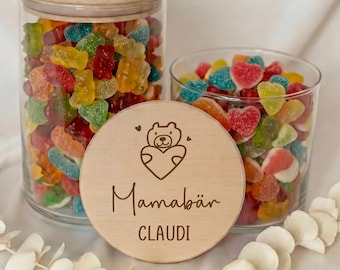 Moederdagcadeau voor mama – Gepersonaliseerde Mama Beer Opbergpot met Naam – Cadeau voor mama, Snoeppot met Houten Deksel, Oma