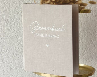 A4 family book with linen cover and white writing