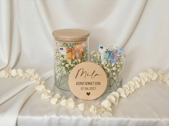 Geldgeschenk Konfirmation personalisiert mit Name Datum – Geschenk zur Konfirmation Mädchen Junge – Glas mit Gravur Taufe Kommunion