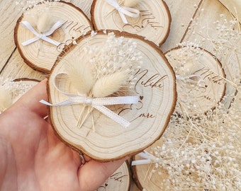 Gastgeschenk Hochzeit personalisiert, Gravierte Holzscheiben als Magnet, mit Trockenblumen & Schleife, Standesamt, Sözümüz Söz