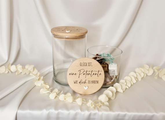Geschenk für Patentante oder Patenonkel – Vorratsglas mit Gravur – Dankeschön Paten – Glas mit Holzdeckel, Patentante Geschenk,