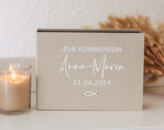 Personalisierte Geschenkbox mit Leinencover zur Kommunion oder Taufe // Geldgeschenk, Jugendweihe, Kleinigkeit, Fotobox / Erinnerungsbox