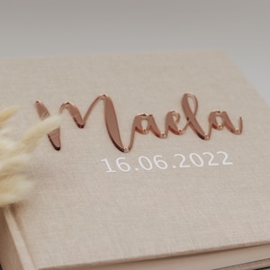 Album na zdjęcia dziecka i niemowlęcia personalizowany lub księga gości z napisami akrylowymi - z wybranym tekstem - mój pierwszy rok - księga lniana - 60 stron