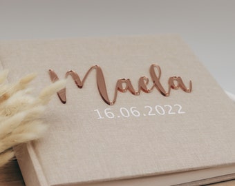 Baby & Kinder Fotoalbum personalisiert oder Gästebuch mit Acryl Schriftzug - mit Wunschtext - mein erstes Jahr - Leinenbuch - 60 Seiten