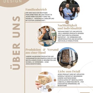 May include: An informational graphic for EVA DESIGN titled &Uuml;BER UNS, featuring four circular images: a group of four people, a person painting a ceramic item, a van loaded with cardboard boxes, and small wooden gift tags with handwritten names.
