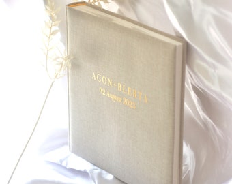 Wedding guest book/photo album made of linen, minimalist, personalized with names