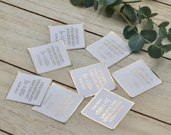 Personalized square wedding labels with hot foil finishing in gold or silver - DIY guest gifts - baptism, birthday, engagement