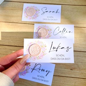 Cartão de lugar de casamento, cartão de nome, rosa, vários padrões de selo, personalizado com nome, selo de cera, que bom que você está aqui, batismo