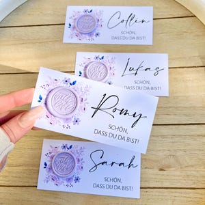 Segnaposto per matrimonio, biglietto da visita, viola, vari modelli di sigilli, personalizzato con i nomi degli invitati, sigillo di cera, è bello che tu sia qui