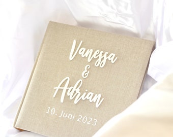 Livre d'or en lin avec noms acryliques 3D album photo de mariage beige blanc minimaliste