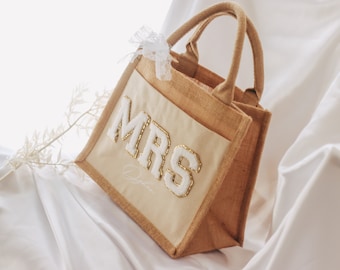 Bolso de novia diferente: parches de brillo "MRS" + apellido impreso | Bolsa de yute | Accesorios nupciales | Bolsa de yute | personalizado