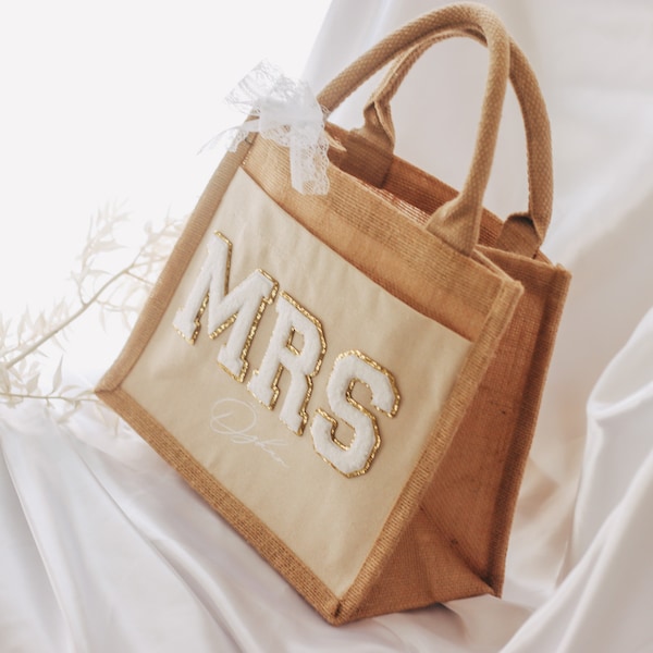 Brauttasche mal anders - "MRS" Glitzerpatches + aufgedruckter Nachname | Jutetasche | Braut Accessoires | Jutetasche | personalisiert