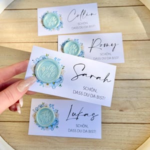 Cartão de lugar de casamento, cartão de nome, azul, vários padrões de selo, personalizado com nome, selo de cera, que bom que você está aqui, batismo,