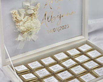 Gastgeschenk Hochzeit Verlobung Schokobox mit Trockenblumen Weiß Gold Geburtstag personalisiert mit Namen