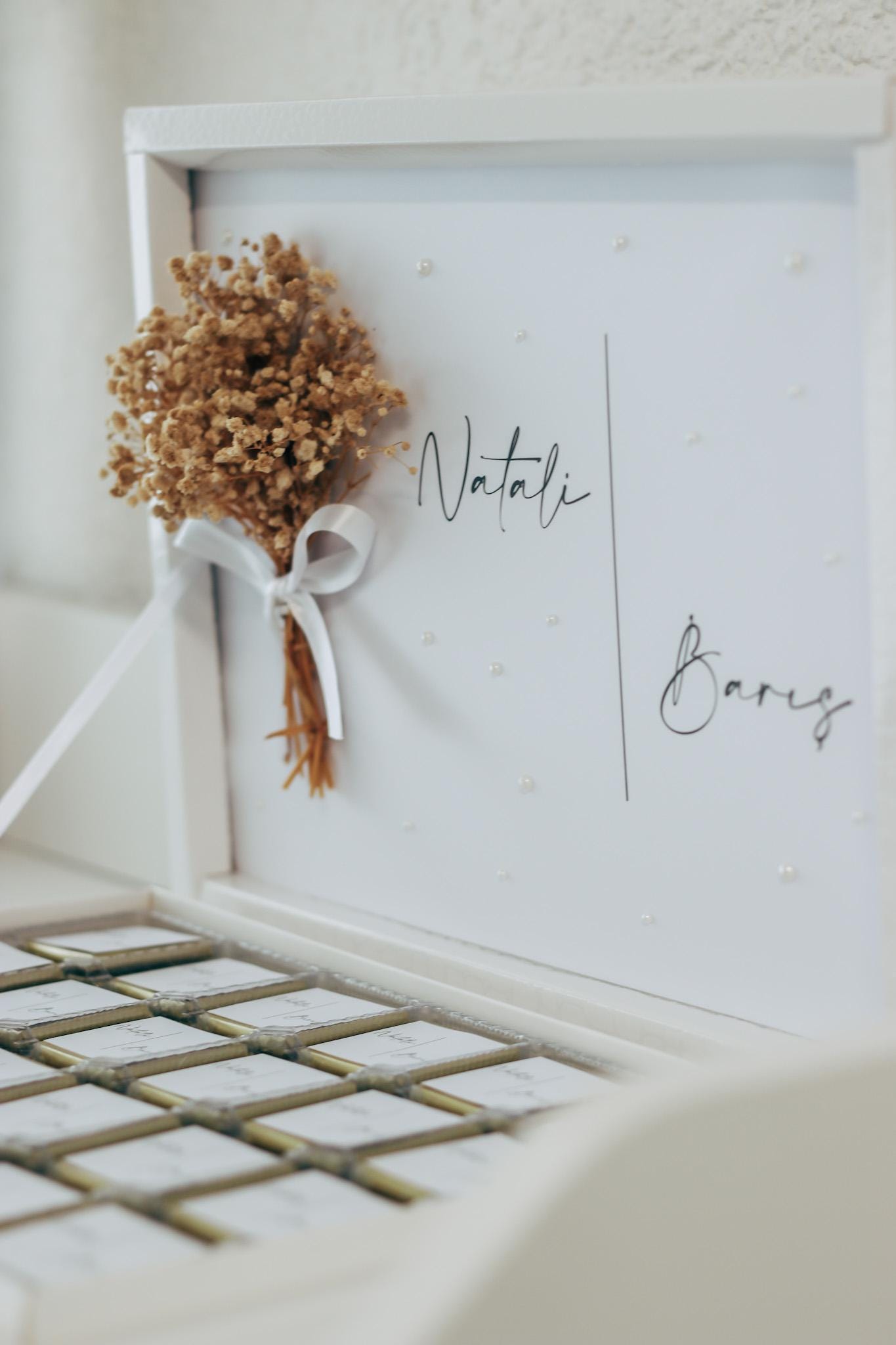 Personalized chocolate box with pearls & gypsophila, wedding, engagement, Sözümüz Söz, civil wedding, Nikah Hatirasi