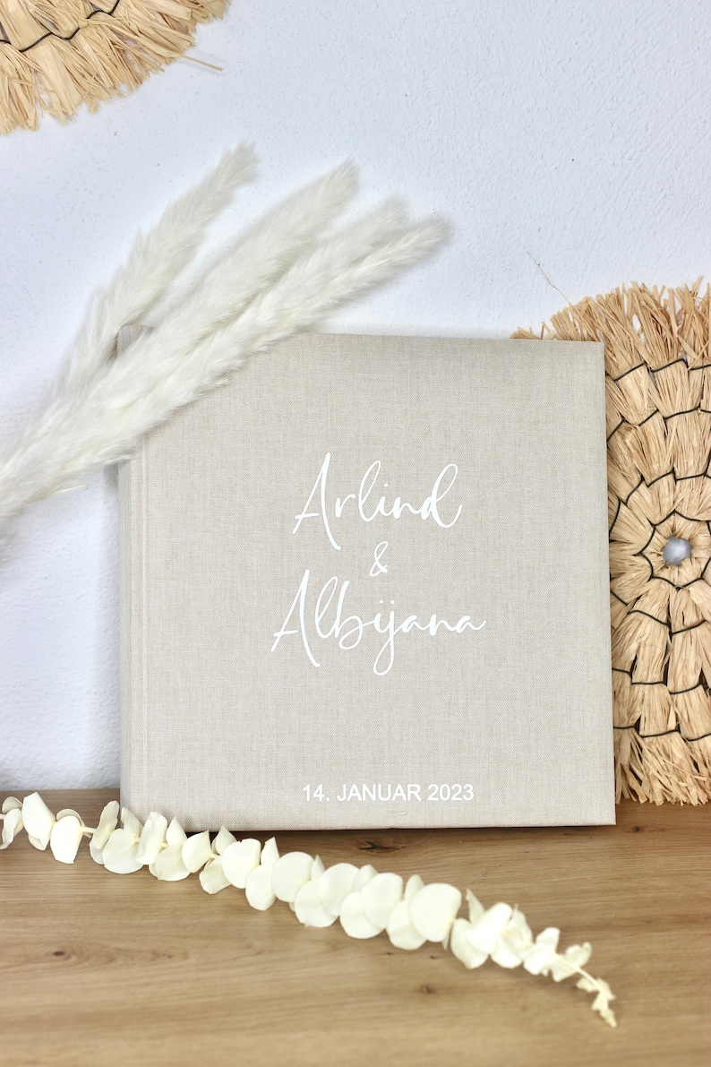 Libro degli ospiti in lino album fotografico di nozze beige bianco minimalista immagine 4
