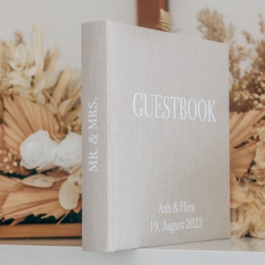 Wedding guest book/photo album made of linen, "Mr&Mrs" print on the spine, minimalist, personalized with names