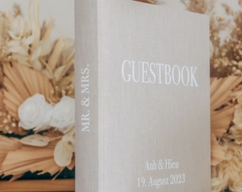 Wedding guest book/photo album made of linen, "Mr&Mrs" print on the spine, minimalist, personalized with names