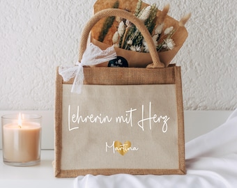 Borsa di juta personalizzata "Insegnante con cuore" - Regalo di addio per insegnante, borsa con nome e cuore, regalo di ringraziamento per insegnante