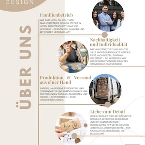 Pode incluir: Uma infografia informativa para a EVA DESIGN intitulada &Uuml;BER UNS, apresentando quatro imagens circulares: um grupo de quatro pessoas, uma pessoa a pintar um objeto de cer&acirc;mica, uma carrinha carregada de caixas e etiquetas de madeira.