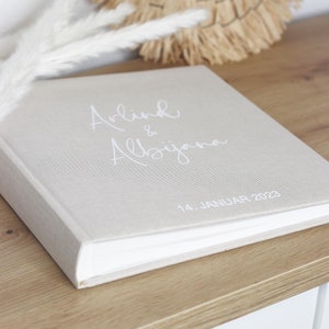 Libro degli ospiti in lino album fotografico di nozze beige bianco minimalista immagine 1