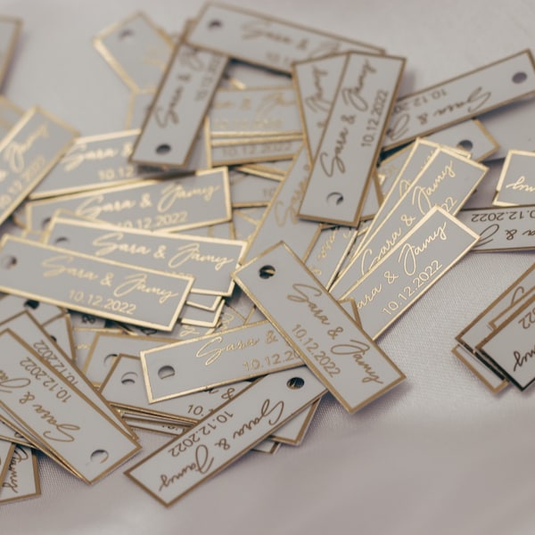 Gepersonaliseerde labels voor gastencadeaus met metallic afwerking in goud of zilver, bruiloft, doop, verjaardag, Sözümüz Söz, verloving