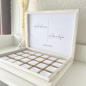 Scatola di cioccolatini personalizzata con nome e data - con perle decorative - bianco minimalista matrimonio fidanzamento Sözümüz Söz