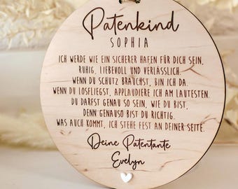 Personalized godchild sign | Christening gift with name, dedication & heart | Godmother/godfather christening gift made of wood