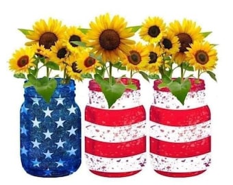 American Mason Jar Sunflower Flag Fourth of July Independence Day Sublimation  DTF PNG digital file